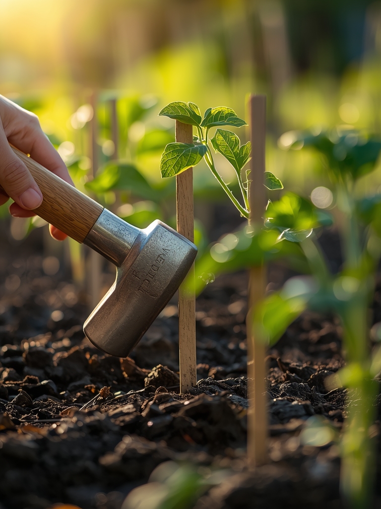 Using a garden mallet for vegetable support stakes